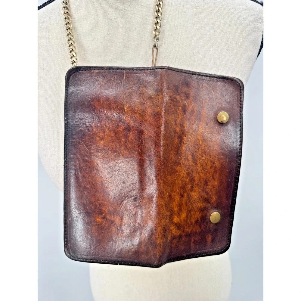 Vintage Full Grain Leather Metal Chain Snap Buttons Bifold Wallet Biker Trucker